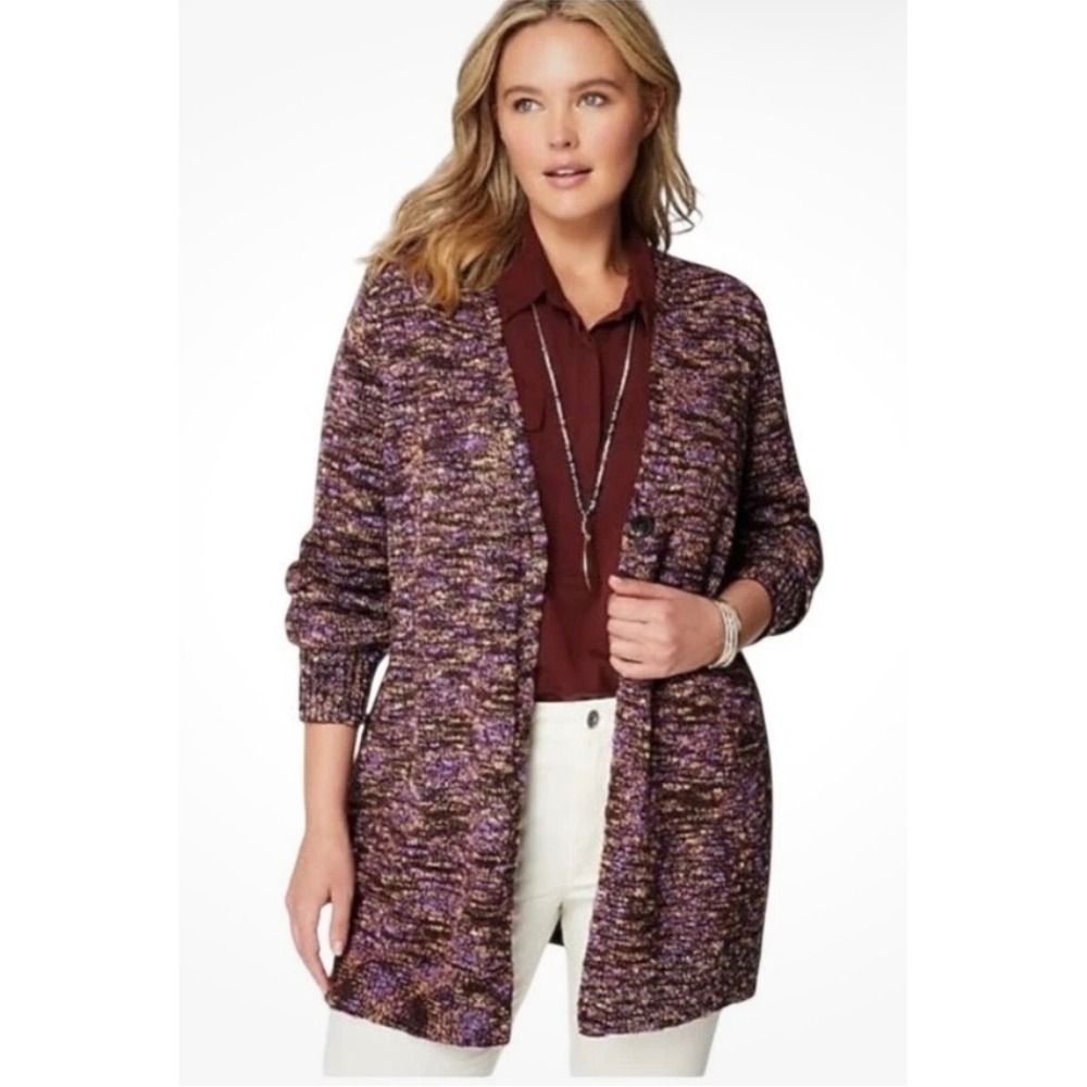 J. Jill Womens Purple Space Dye Cotton Cardigan Sweater Single Button Cotton Lg
